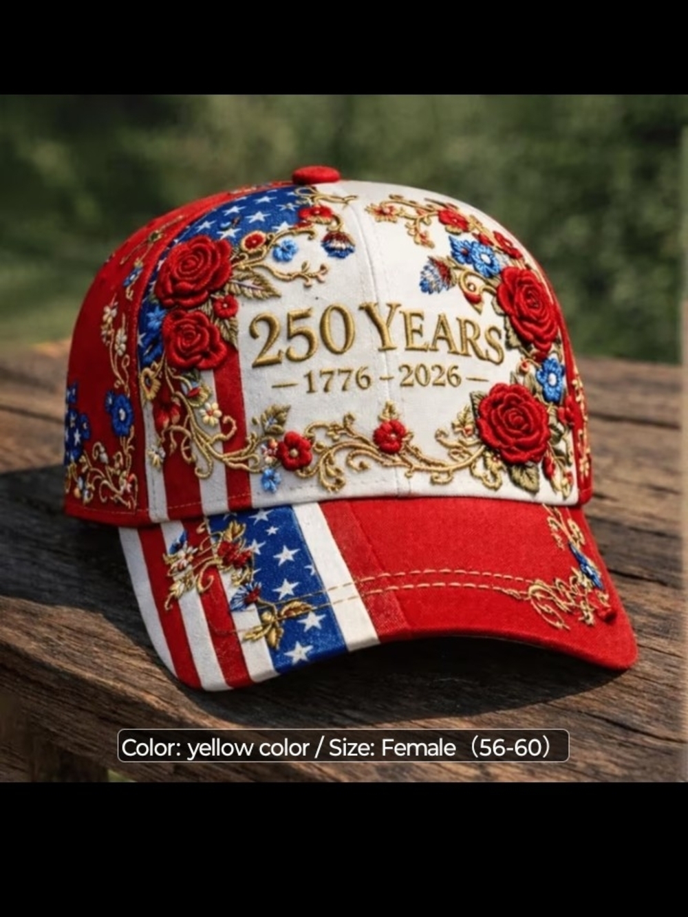 Printed 250 Years Patriotic Baseball Cap - Red, White, Blue, Gold